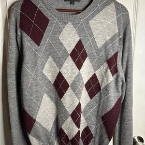 Express Gray and Burgundy Argyle Crewneck Sweater